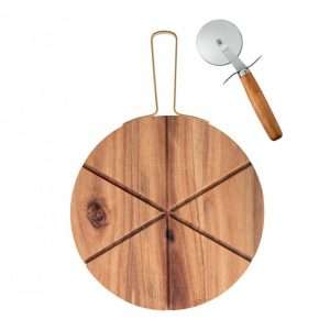 TAGLIERE ACACIA con MANICO ORO METAL E TAGLIA PIZZA