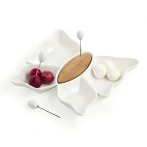 ANTIPASTIERA BUTTERFLY IN PORCELLANA BIANCA E BAMBOO e 3 FORCHETTINE IN ACCIAIO INOX